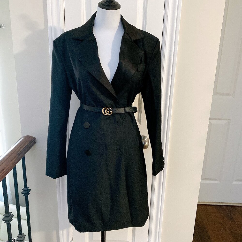 NWT Women Black Lapel Double Breasted Business Blazer Dress Trench Coat